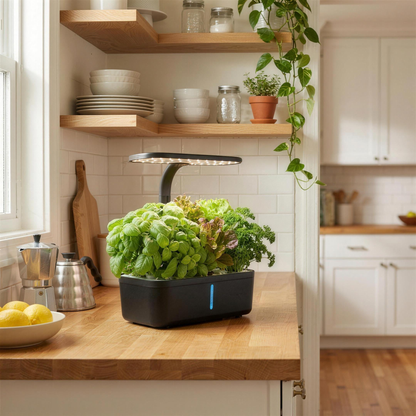 Bloomwell Indoor Countertop Garden 6 in black on a warm wood kitchen counter