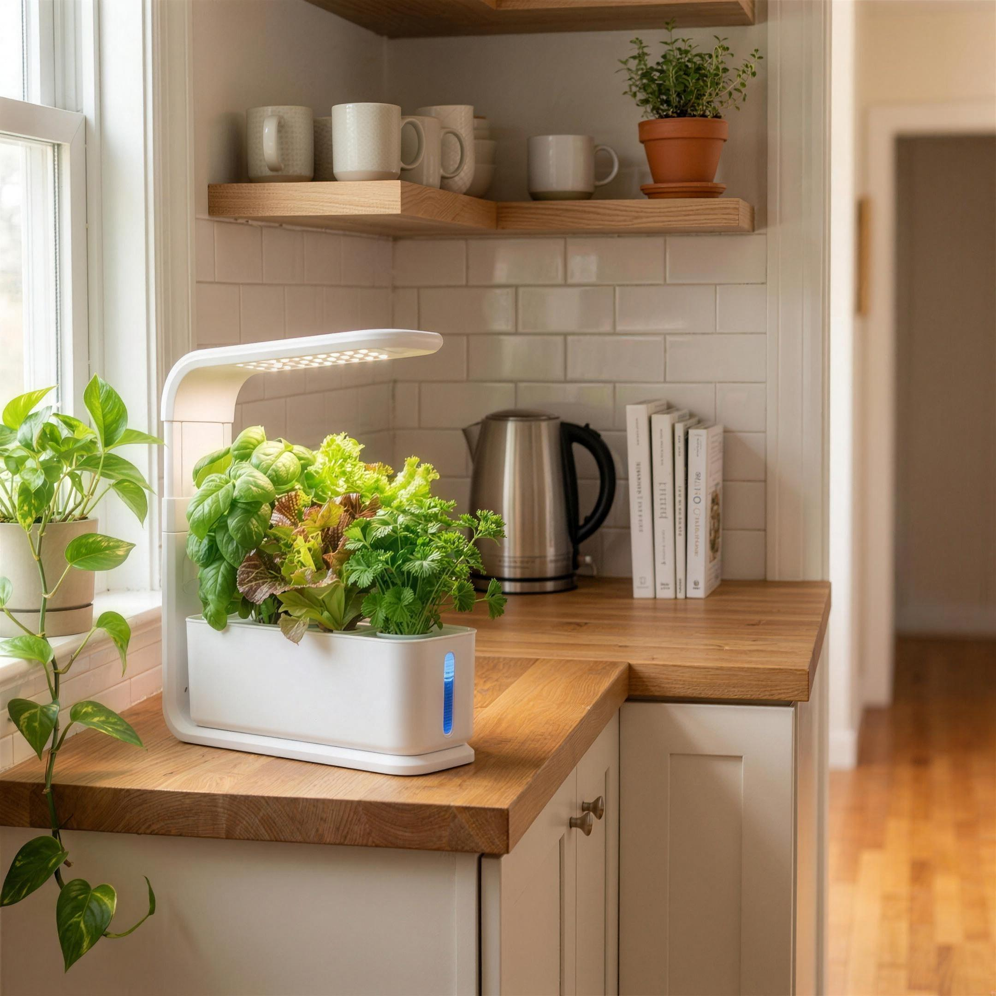Bloomwell Indoor Countertop Garden 3 in white in a cozy apartment kitchen