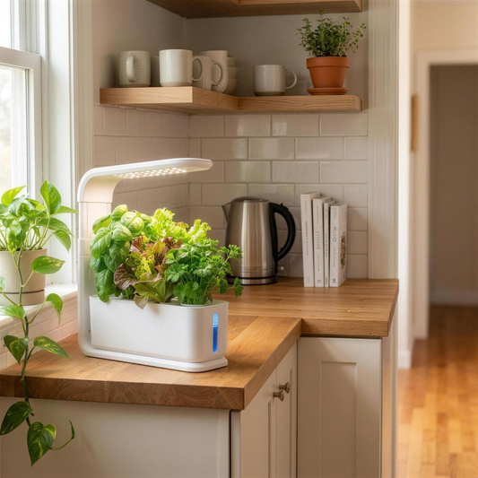 Bloomwell Indoor Countertop Garden 3 in white in a cozy apartment kitchen