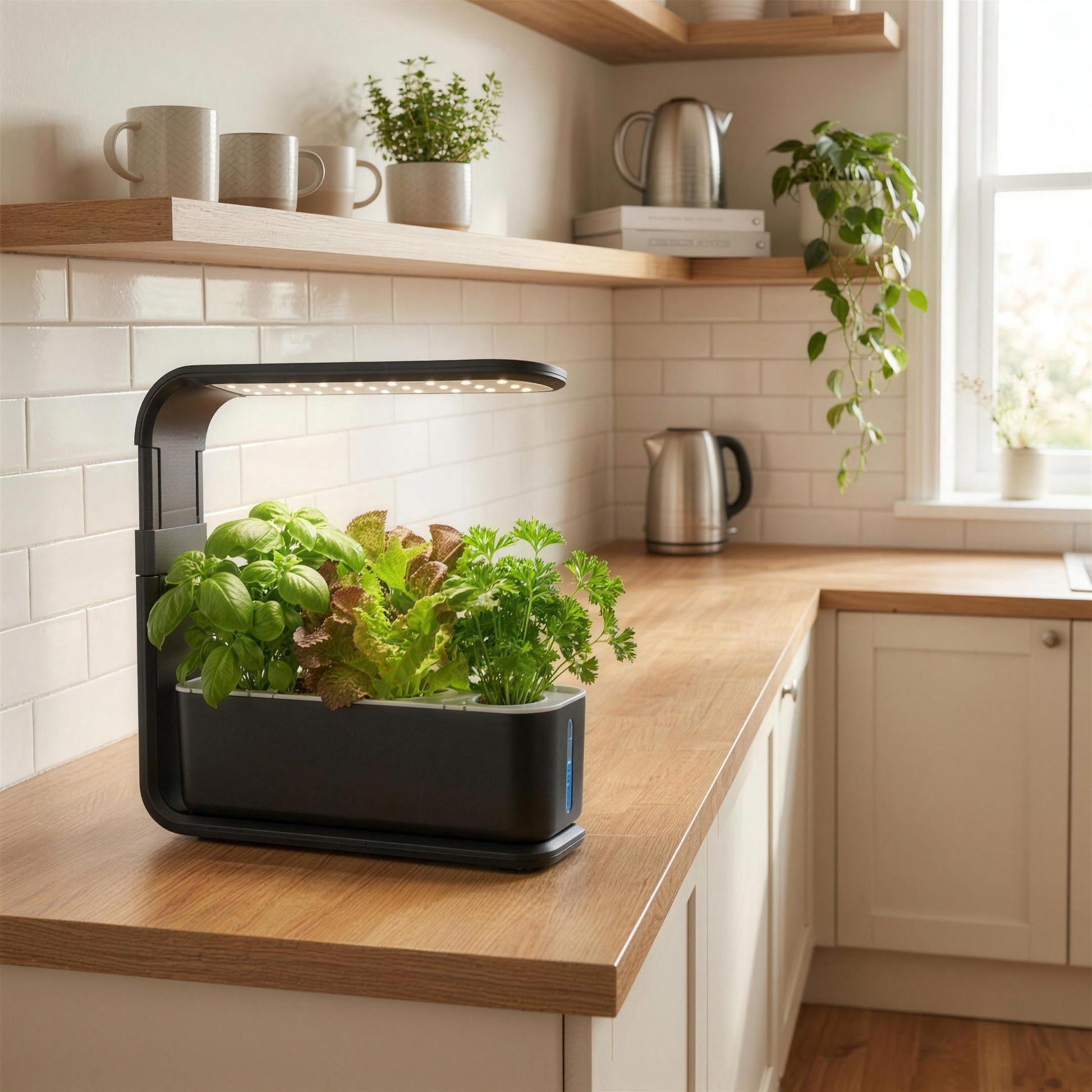 Bloomwell Indoor Countertop Garden 3 in black in a cozy apartment kitchen