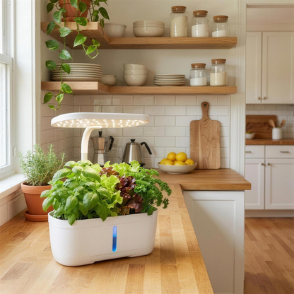Bloomwell Indoor Countertop Garden 6 in white on a sunlit kitchen counter